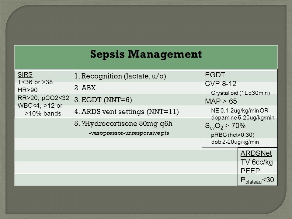 Sepsis Management 1. Recognition (lactate, u/o) 2.