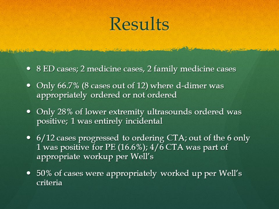 Results 8 ED cases; 2 medicine cases, 2 family medicine cases 8 ED cases; 2 medicine cases, 2 family medicine cases Only 66.7% (8 cases out of 12) where d-dimer was appropriately ordered or not ordered Only 66.7% (8 cases out of 12) where d-dimer was appropriately ordered or not ordered Only 28% of lower extremity ultrasounds ordered was positive; 1 was entirely incidental Only 28% of lower extremity ultrasounds ordered was positive; 1 was entirely incidental 6/12 cases progressed to ordering CTA; out of the 6 only 1 was positive for PE (16.6%); 4/6 CTA was part of appropriate workup per Well’s 6/12 cases progressed to ordering CTA; out of the 6 only 1 was positive for PE (16.6%); 4/6 CTA was part of appropriate workup per Well’s 50% of cases were appropriately worked up per Well’s criteria 50% of cases were appropriately worked up per Well’s criteria