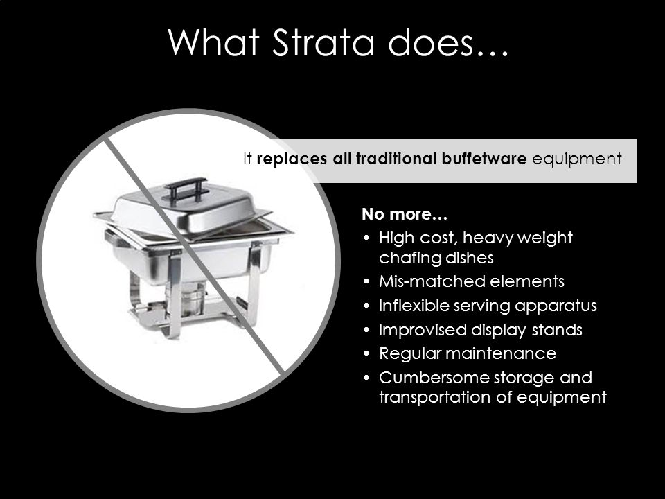 No more… High cost, heavy weight chafing dishes Mis-matched elements Inflexible serving apparatus Improvised display stands Regular maintenance Cumbersome storage and transportation of equipment What Strata does… It replaces all traditional buffetware equipment