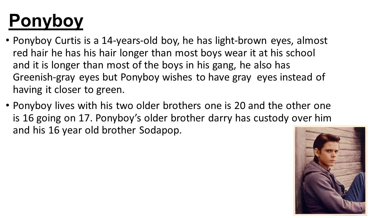 Chapter 1 By: Ashley Hart Valentina. Ponyboy Ponyboy Curtis is a  14-years-old boy, he has light-brown eyes, almost red hair he has his hair  longer than. - ppt download