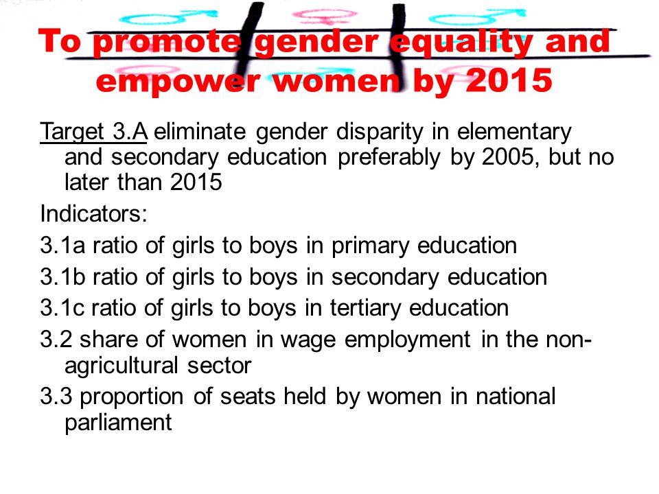 Target 3.A eliminate gender disparity in elementary and secondary education preferably by 2005, but no later than 2015 Indicators: 3.1a ratio of girls to boys in primary education 3.1b ratio of girls to boys in secondary education 3.1c ratio of girls to boys in tertiary education 3.2 share of women in wage employment in the non- agricultural sector 3.3 proportion of seats held by women in national parliament To promote gender equality and empower women by 2015