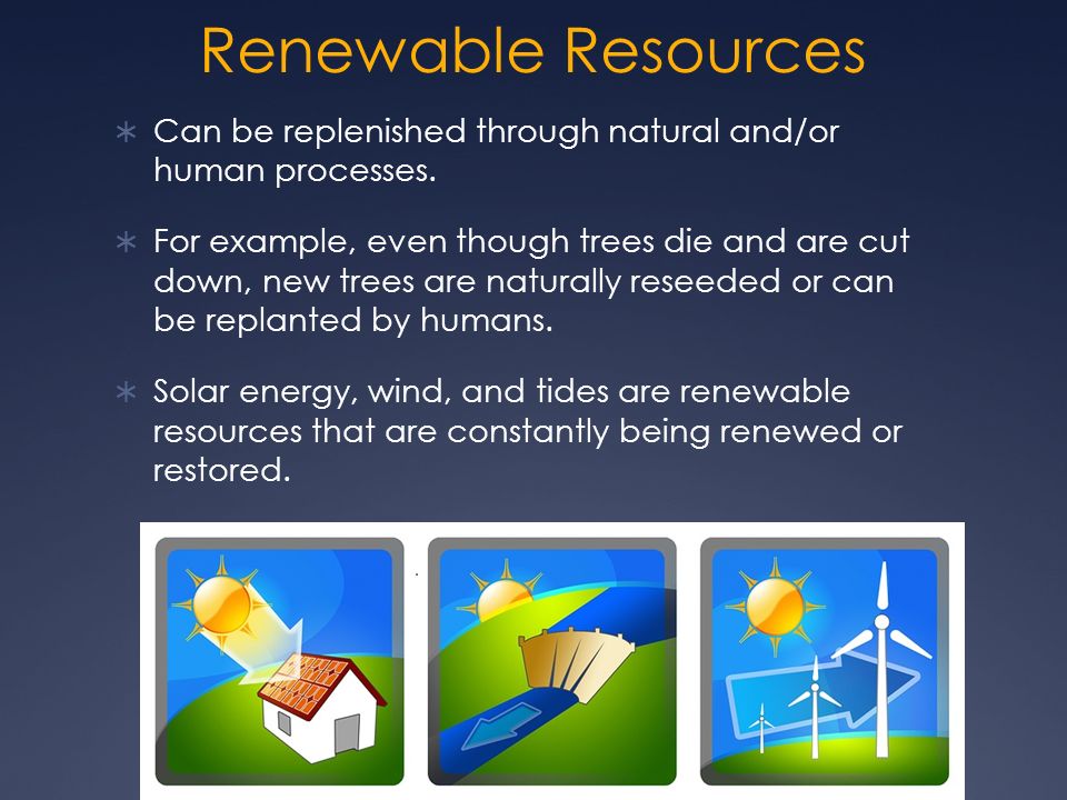 Renewable Resources  Can be replenished through natural and/or human processes.