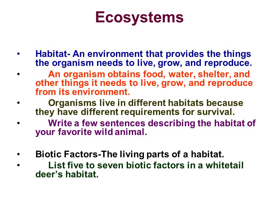 Ecosystems Habitat- An environment that provides the things the organism needs to live, grow, and reproduce.