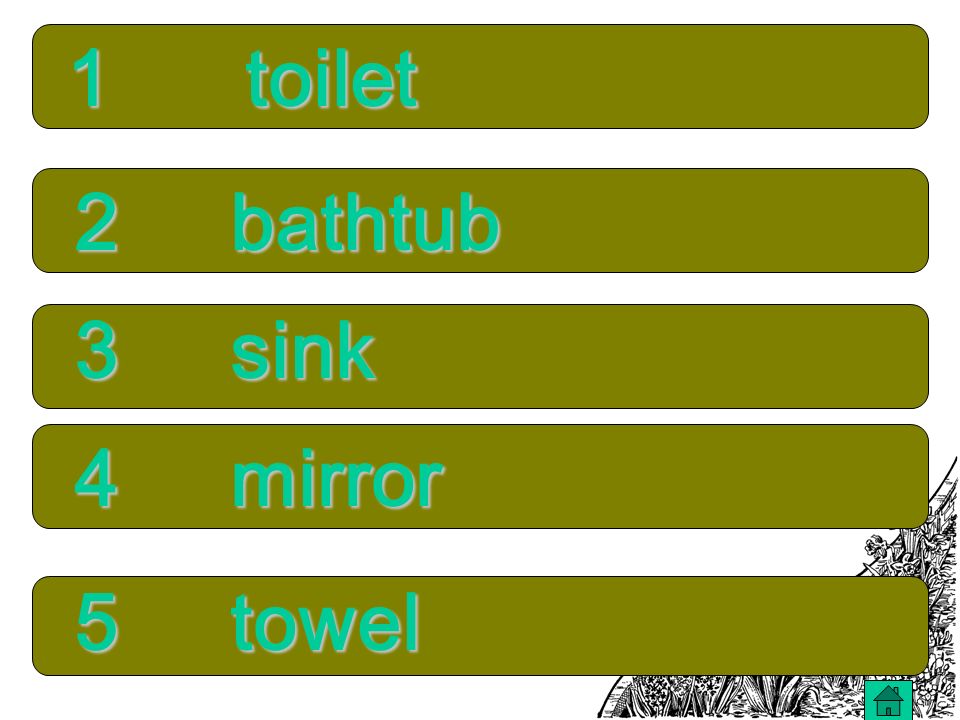 5 towel 4 mirror 3 sink 2 bathtub 1 toilet