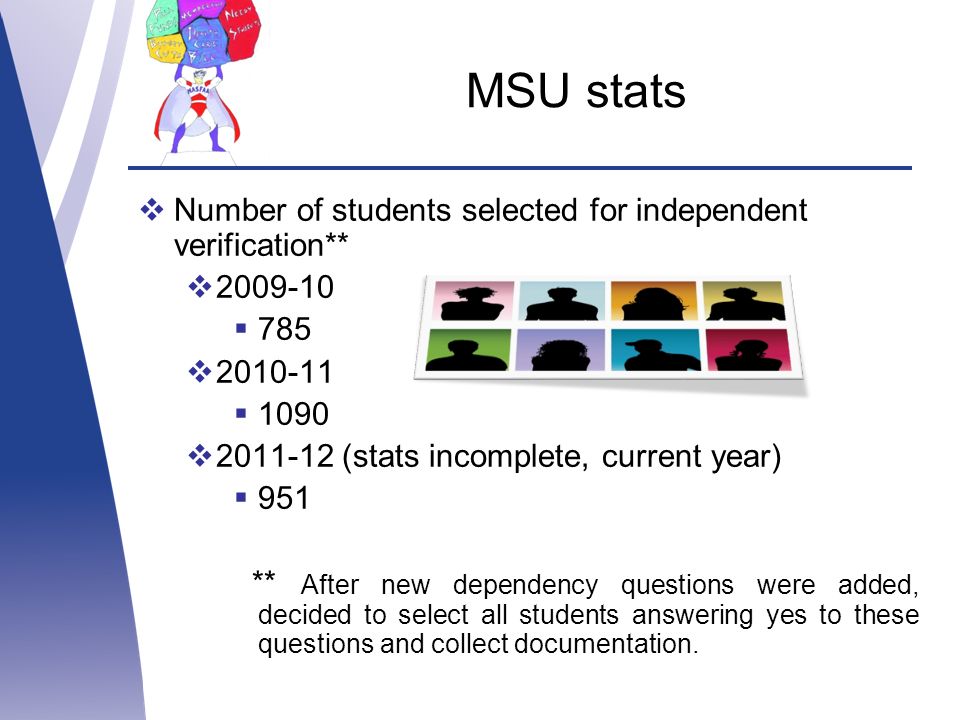 MSU stats  Number of students selected for independent verification**   785   1090  (stats incomplete, current year)  951 ** After new dependency questions were added, decided to select all students answering yes to these questions and collect documentation.