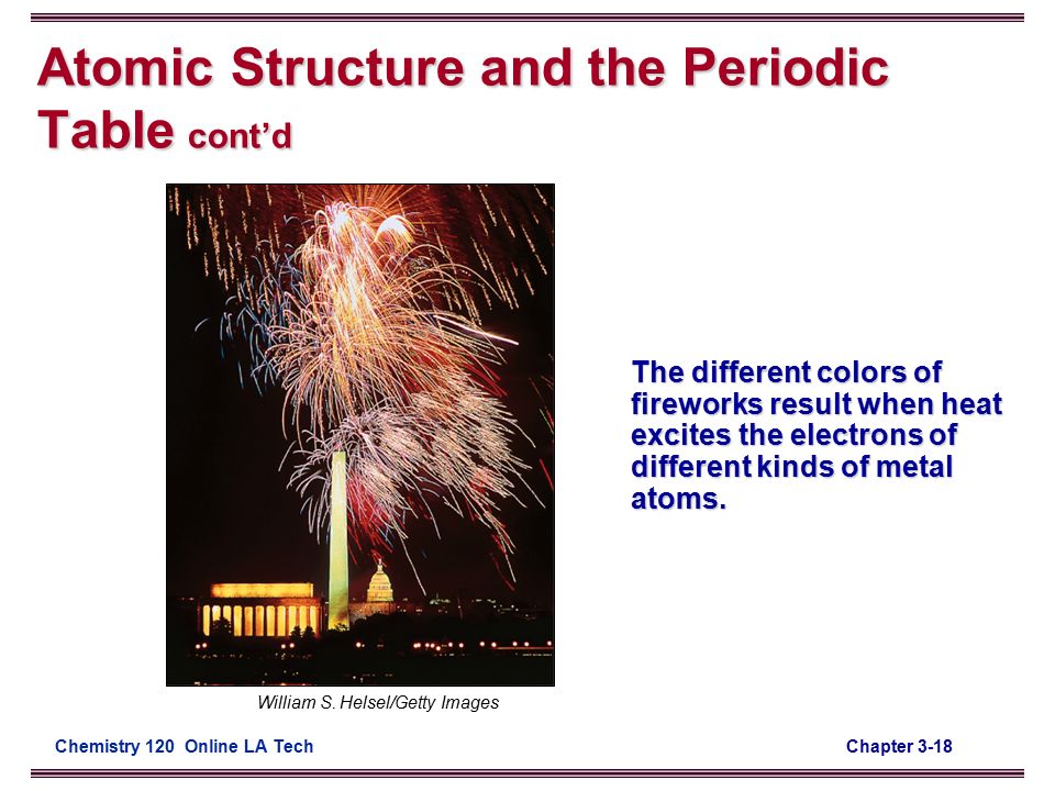 Chapter 3-18Chemistry 120 Online LA Tech Atomic Structure and the Periodic Table cont’d The different colors of fireworks result when heat excites the electrons of different kinds of metal atoms.