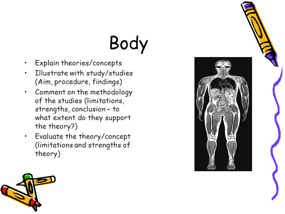 Body Explain theories/concepts Illustrate with study/studies (Aim, procedure, findings) Comment on the methodology of the studies (limitations, strengths, conclusion – to what extent do they support the theory ) Evaluate the theory/concept (limitations and strengths of theory)