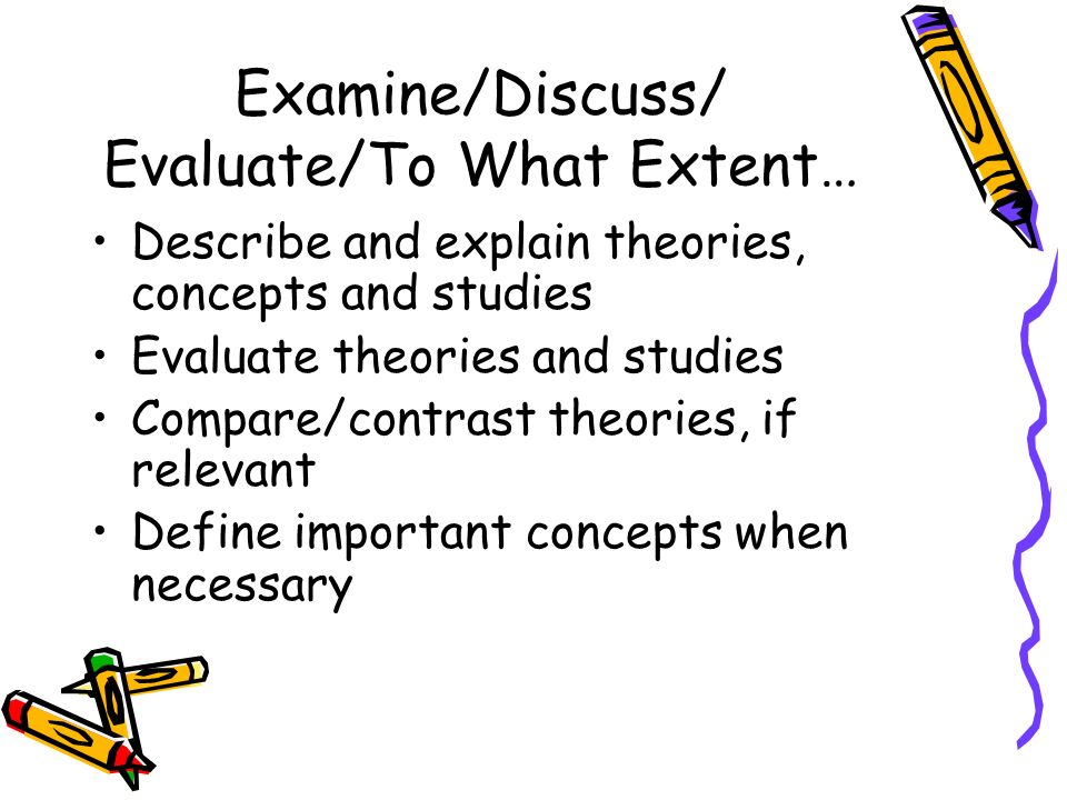 Examine/Discuss/ Evaluate/To What Extent… Describe and explain theories, concepts and studies Evaluate theories and studies Compare/contrast theories, if relevant Define important concepts when necessary