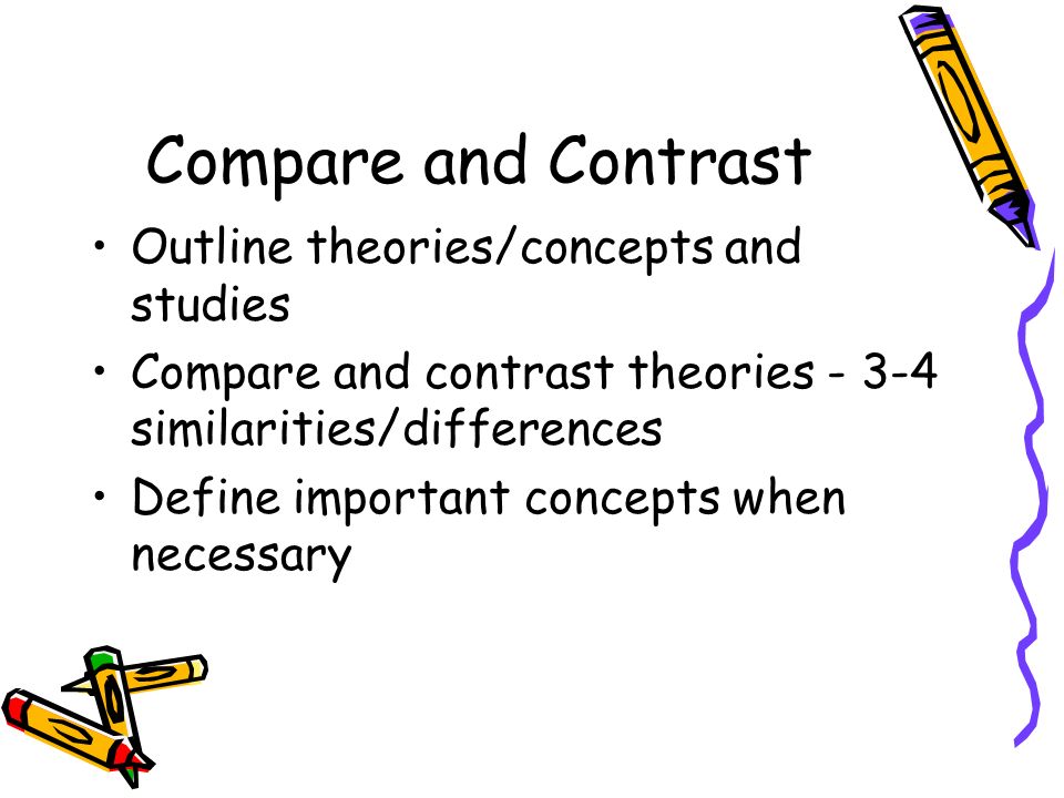 Compare and Contrast Outline theories/concepts and studies Compare and contrast theories similarities/differences Define important concepts when necessary