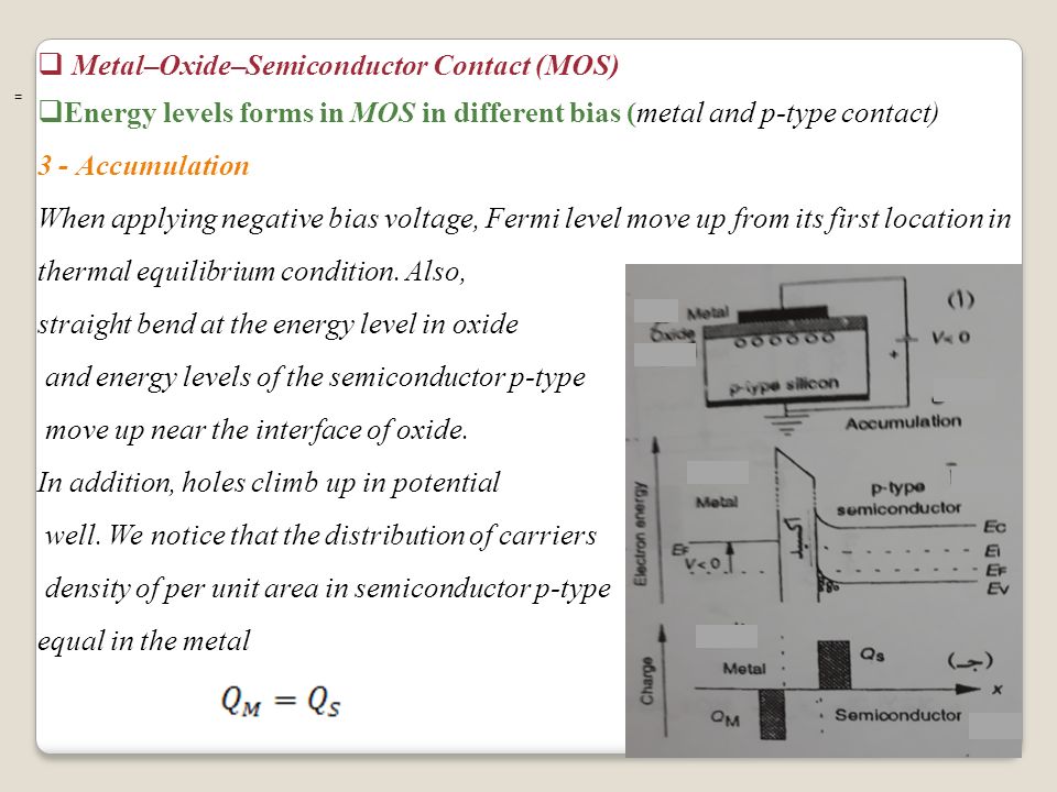  Metal–Oxide–Semiconductor Contact (MOS)  Energy levels forms in MOS in different bias (metal and p-type contact) 3- Accumulation When applying negative bias voltage, Fermi level move up from its first location in thermal equilibrium condition.