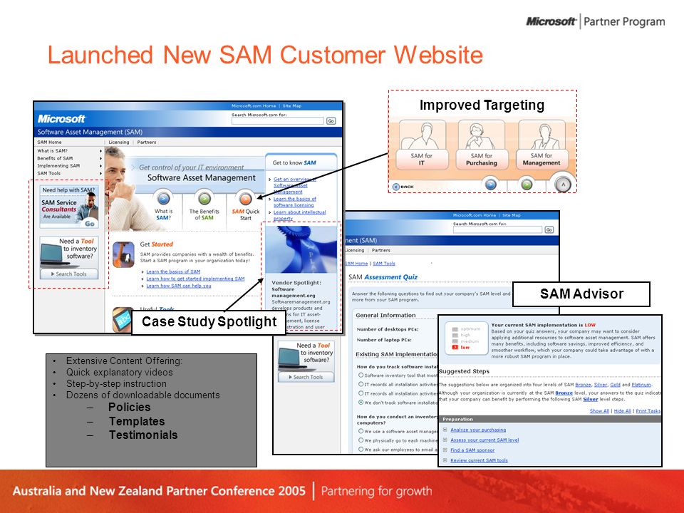 Launched New SAM Customer Website Improved Targeting SAM Advisor Extensive Content Offering: Quick explanatory videos Step-by-step instruction Dozens of downloadable documents –Policies –Templates –Testimonials Case Study Spotlight