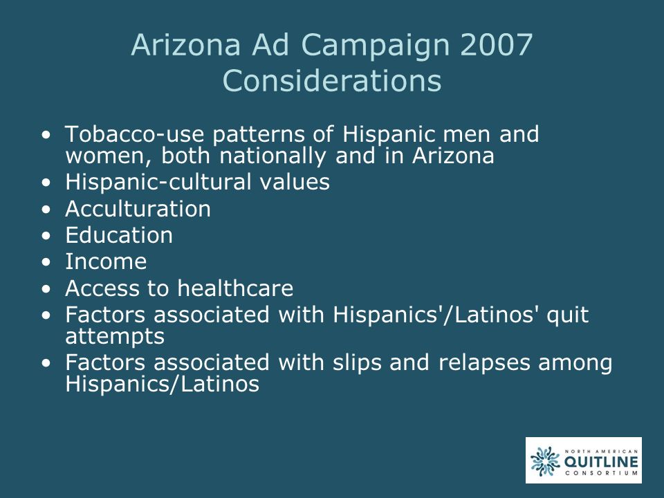 Arizona Ad Campaign 2007 Considerations Tobacco-use patterns of Hispanic men and women, both nationally and in Arizona Hispanic-cultural values Acculturation Education Income Access to healthcare Factors associated with Hispanics /Latinos quit attempts Factors associated with slips and relapses among Hispanics/Latinos