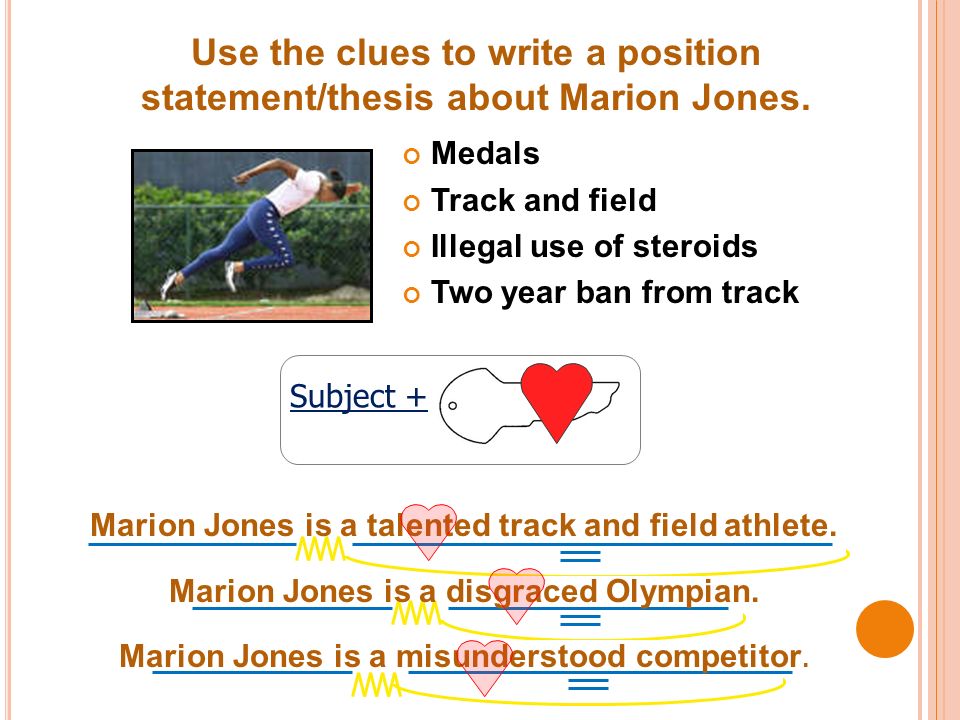 Medals Track and field Illegal use of steroids Two year ban from track Use the clues to write a position statement/thesis about Marion Jones.