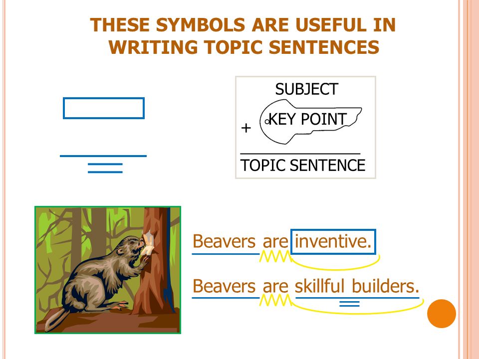 SUBJECT + ______________ TOPIC SENTENCE KEY POINT Beavers are inventive.