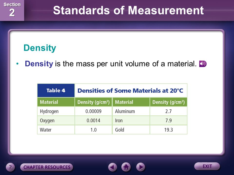 Section 2 Section 2 Standards of Measurement Density The mass and volume of an object can be used to find the density of the material the object is made of.