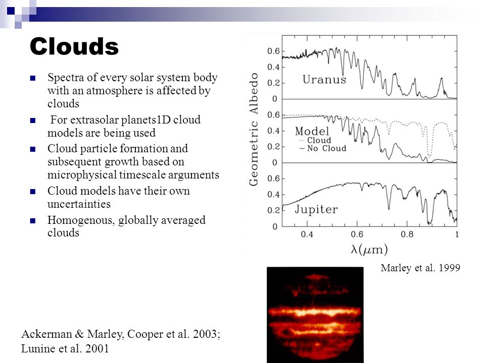 Clouds Spectra of every solar system body with an atmosphere is affected by clouds For extrasolar planets1D cloud models are being used Cloud particle formation and subsequent growth based on microphysical timescale arguments Cloud models have their own uncertainties Homogenous, globally averaged clouds Marley et al.