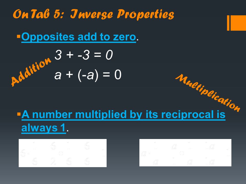 On Tab 4: Identity Properties  Adding zero to a number does not change its value.