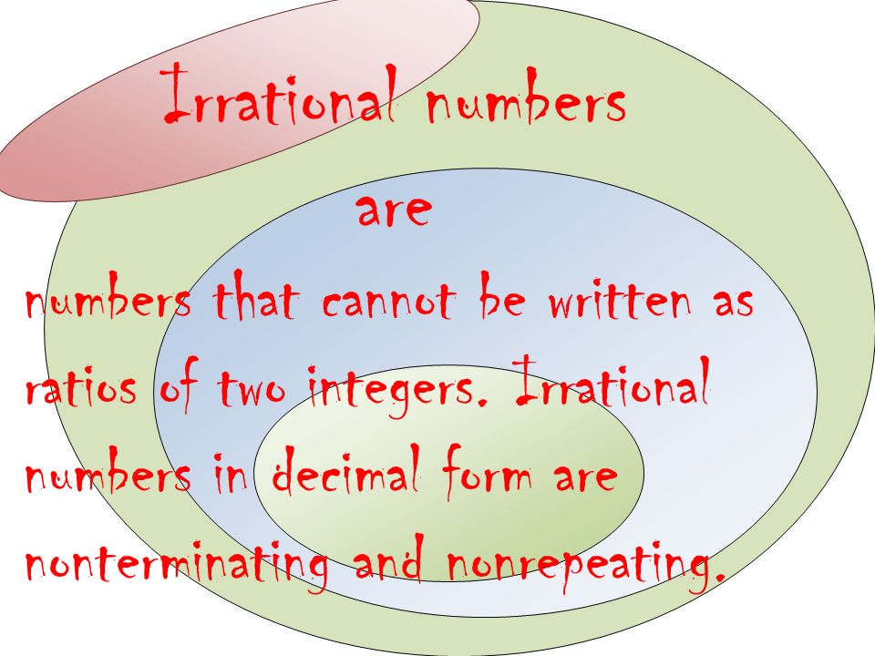 Irrational numbers are numbers that cannot be written as ratios of two integers.