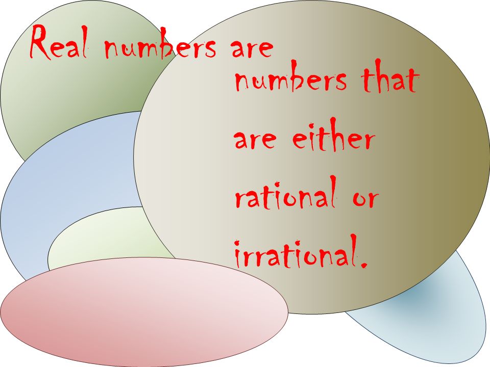 Real numbers are numbers that are either rational or irrational.