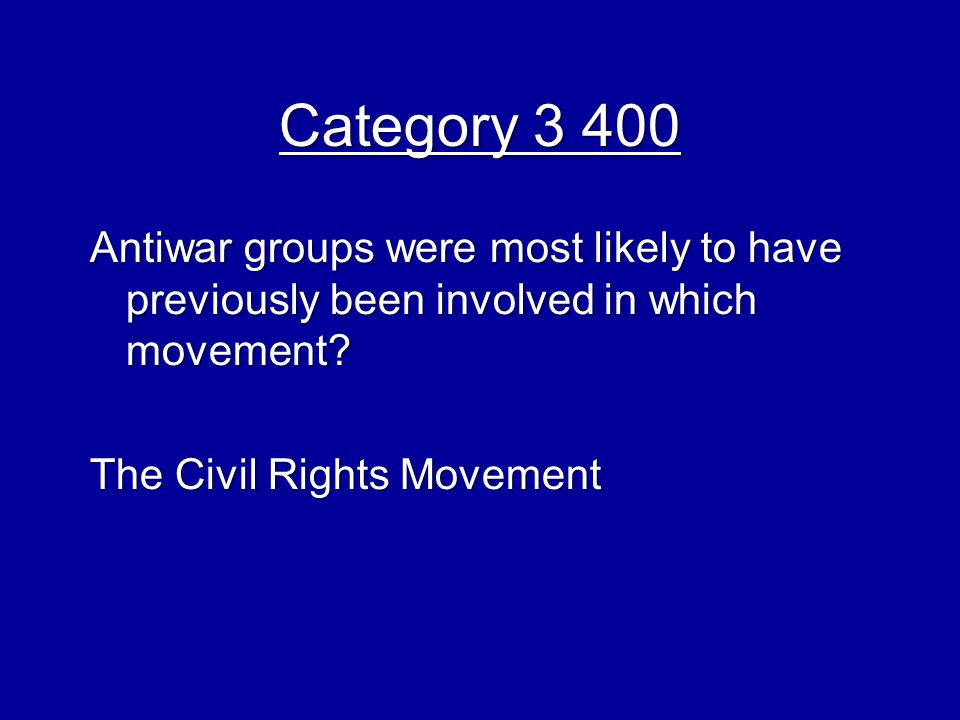 Category Category Antiwar groups were most likely to have previously been involved in which movement.
