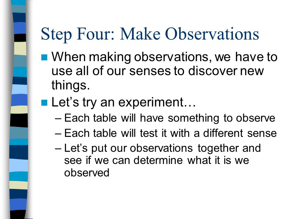 Step Four: Make Observations When making observations, we have to use all of our senses to discover new things.