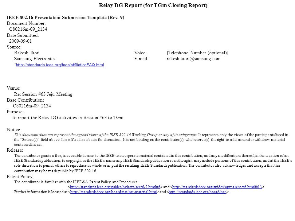 Relay DG Report (for TGm Closing Report) IEEE Presentation Submission Template (Rev.