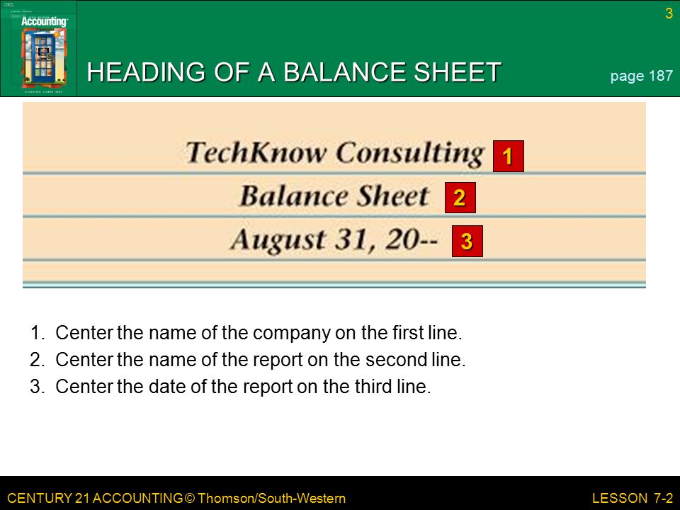 CENTURY 21 ACCOUNTING © Thomson/South-Western 3 LESSON 7-2 HEADING OF A BALANCE SHEET page Center the name of the company on the first line.