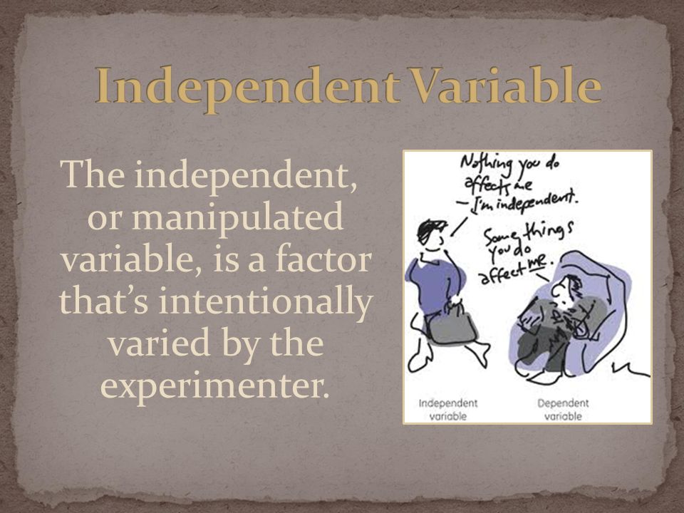 The independent, or manipulated variable, is a factor that’s intentionally varied by the experimenter.