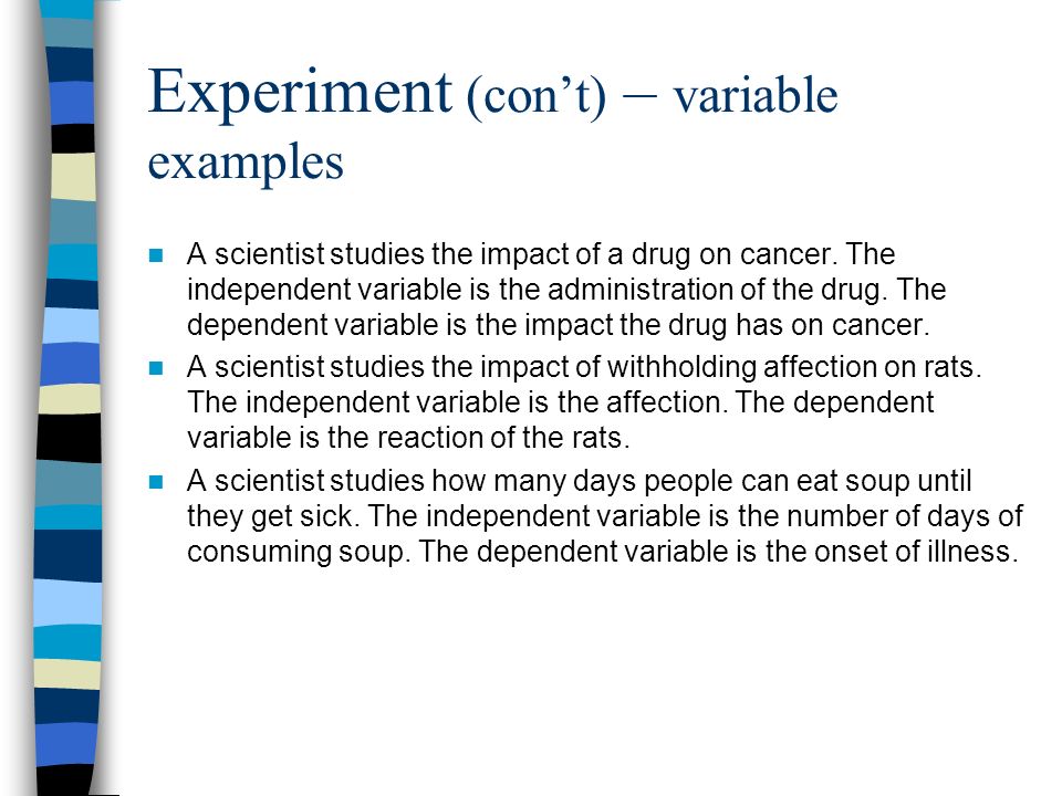 Experiment (con’t) – variable examples A scientist studies the impact of a drug on cancer.