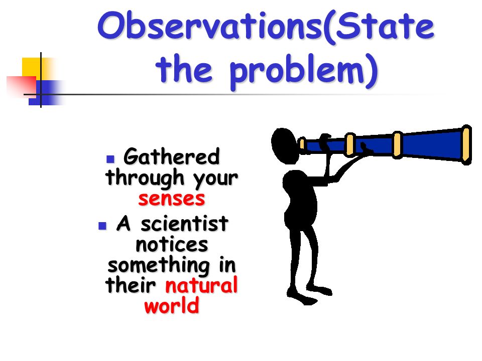 Observations(State the problem) Gathered through your senses Gathered through your senses A scientist notices something in their natural world A scientist notices something in their natural world