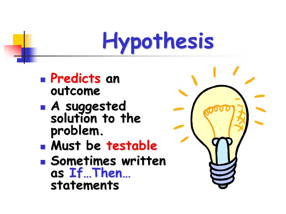 Hypothesis Predicts an outcome Predicts an outcome A suggested solution to the problem.