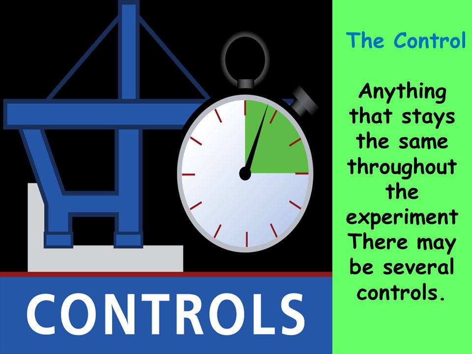 The Control Anything that stays the same throughout the experiment There may be several controls.
