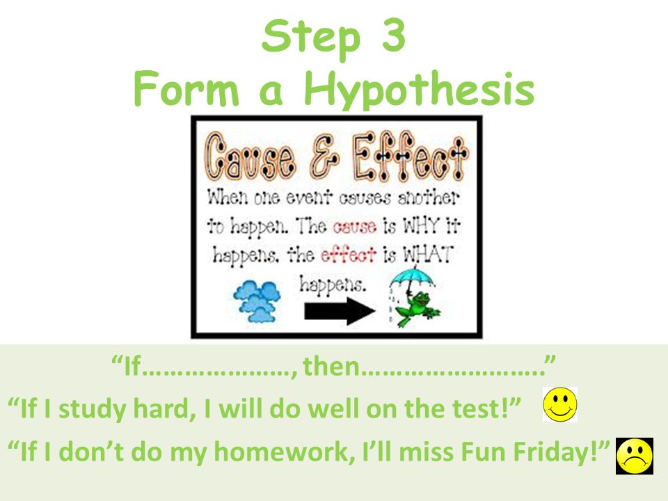 Step 3 Form a Hypothesis If…………………, then…………………….. If I study hard, I will do well on the test! If I don’t do my homework, I’ll miss Fun Friday!