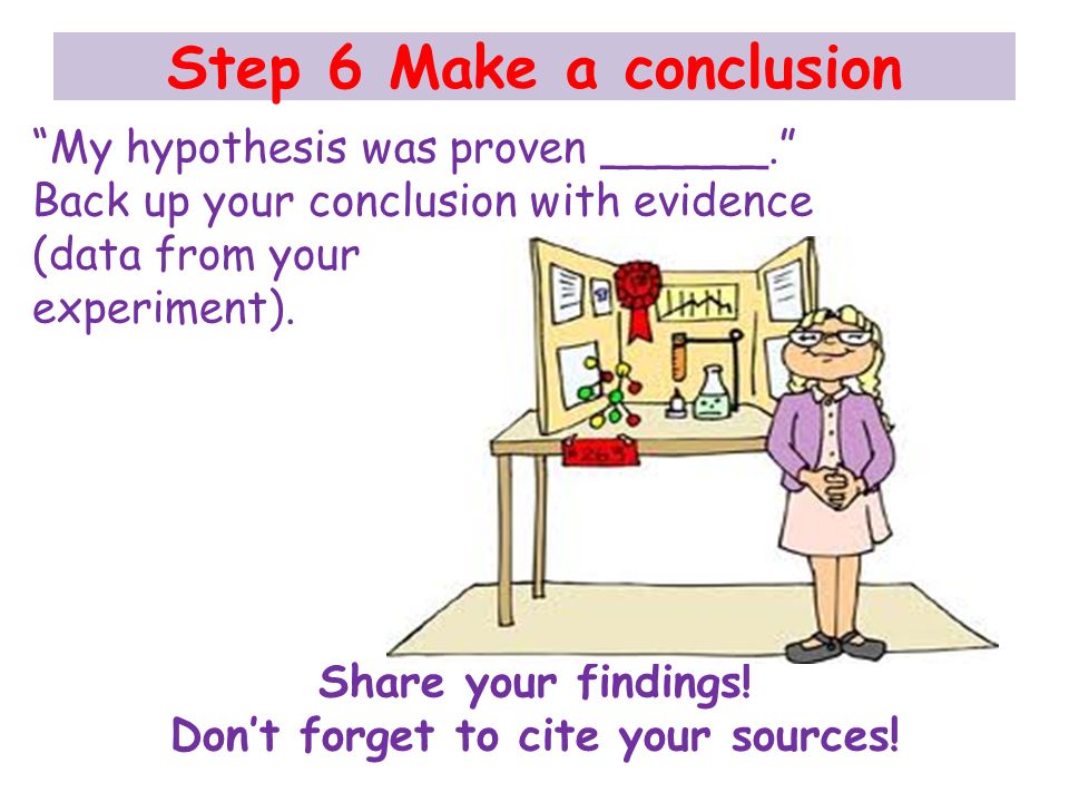 Step 6 Make a conclusion My hypothesis was proven ______. Back up your conclusion with evidence (data from your experiment).