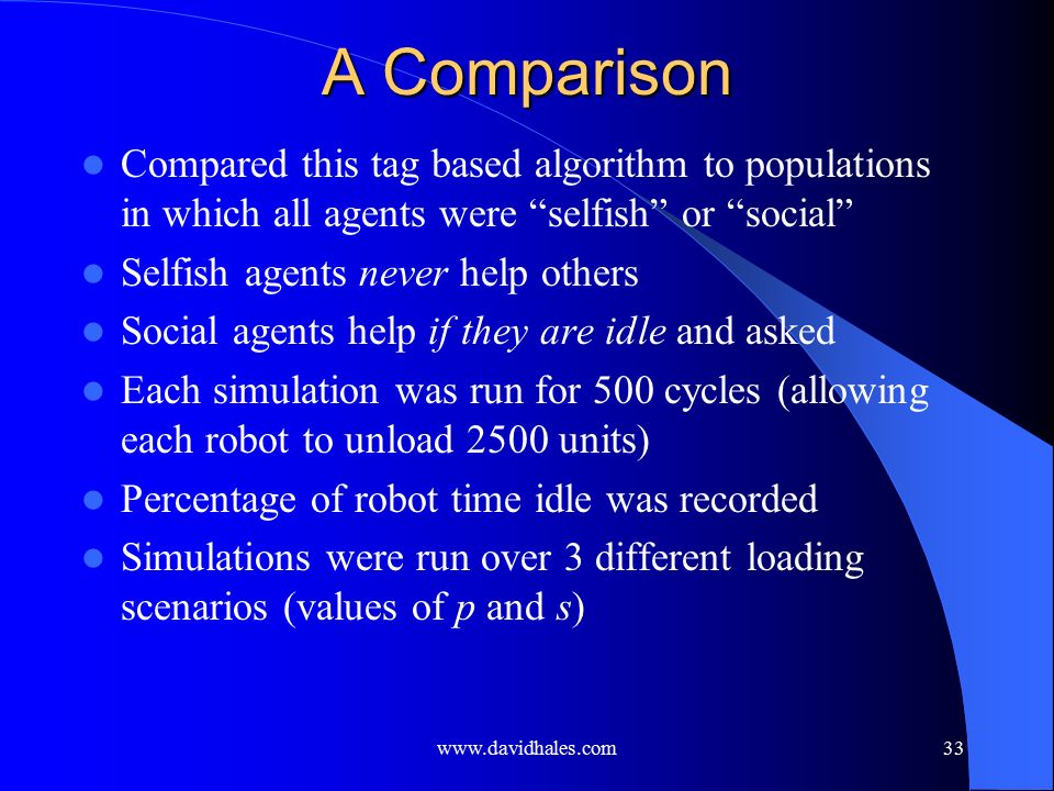 A Comparison Compared this tag based algorithm to populations in which all agents were selfish or social Selfish agents never help others Social agents help if they are idle and asked Each simulation was run for 500 cycles (allowing each robot to unload 2500 units) Percentage of robot time idle was recorded Simulations were run over 3 different loading scenarios (values of p and s)