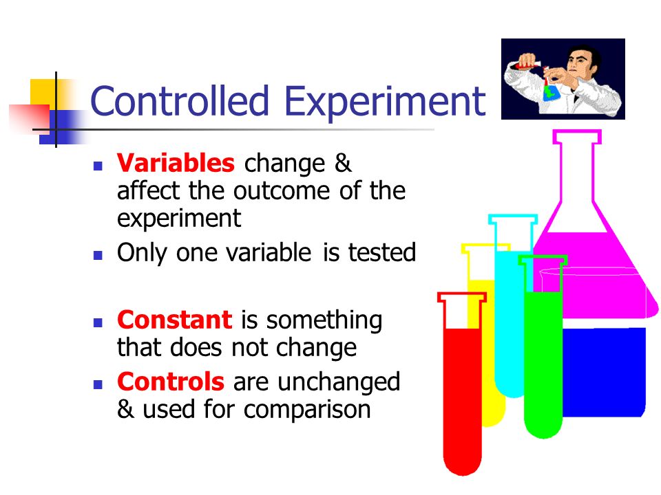 Controlled Experiment Variables change & affect the outcome of the experiment Only one variable is tested Constant is something that does not change Controls are unchanged & used for comparison