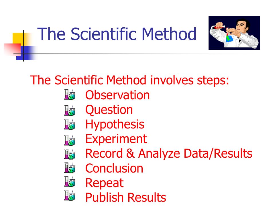 The Scientific Method The Scientific Method involves steps: Observation Question Hypothesis Experiment Record & Analyze Data/Results Conclusion Repeat Publish Results