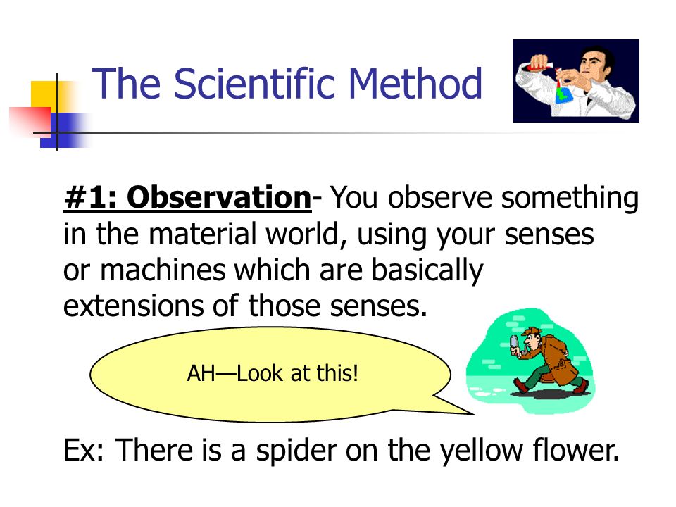 The Scientific Method #1: Observation- You observe something in the material world, using your senses or machines which are basically extensions of those senses.