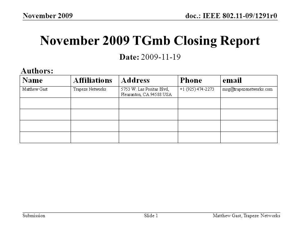 doc.: IEEE /1291r0 Submission November 2009 Matthew Gast, Trapeze NetworksSlide 1 November 2009 TGmb Closing Report Date: Authors: