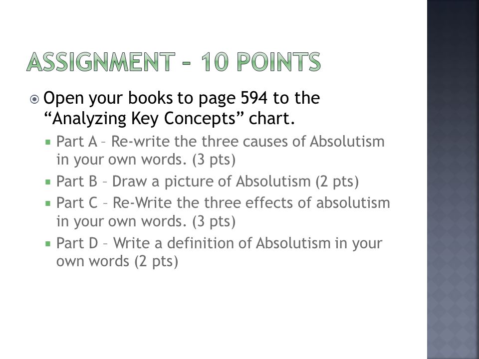  Open your books to page 594 to the Analyzing Key Concepts chart.