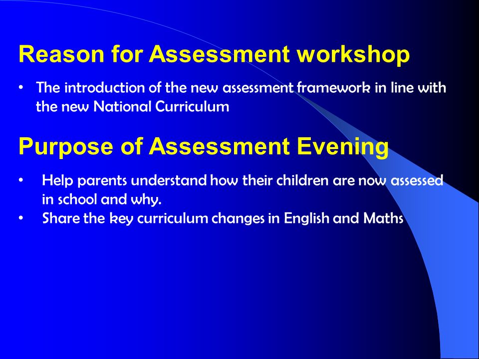 Reason for Assessment workshop The introduction of the new assessment framework in line with the new National Curriculum Purpose of Assessment Evening Help parents understand how their children are now assessed in school and why.