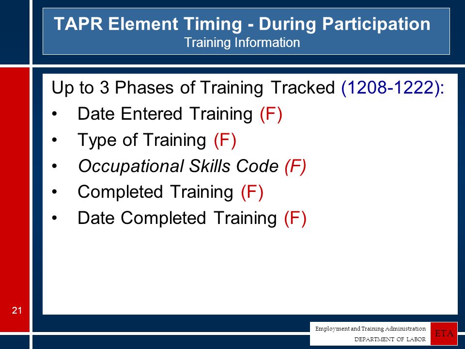 Employment and Training Administration DEPARTMENT OF LABOR ETA TAPR Element Timing - During Participation Training Information Up to 3 Phases of Training Tracked ( ): Date Entered Training (F) Type of Training (F) Occupational Skills Code (F) Completed Training (F) Date Completed Training (F) 21