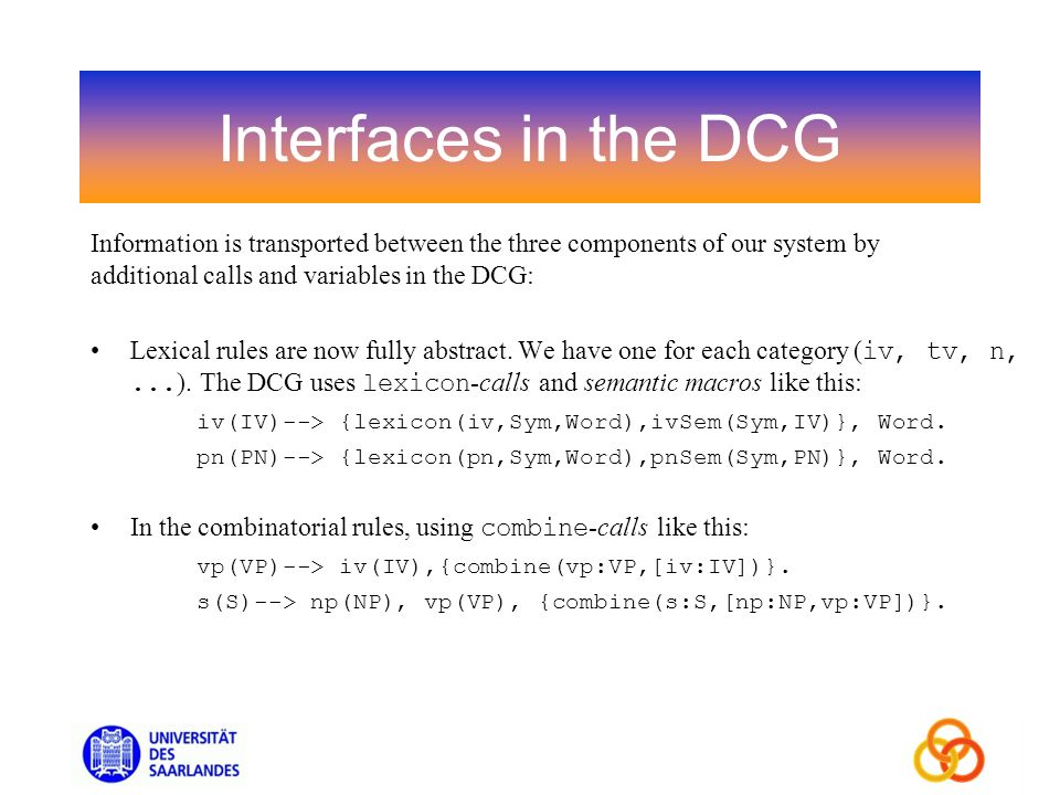 Interfaces in the DCG Lexical rules are now fully abstract.