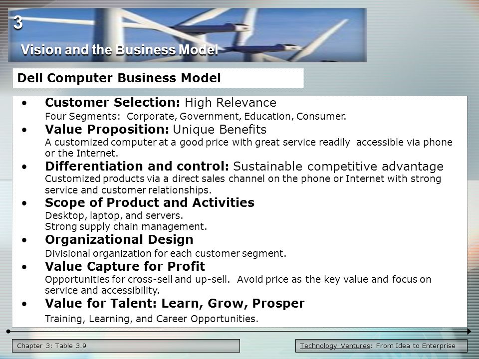 Chapter 3: Table 3.9 Customer Selection: High Relevance Four Segments: Corporate, Government, Education, Consumer.Value Proposition: Unique Benefits A customized computer at a good price with great service readily accessible via phone or the Internet.Differentiation and control: Sustainable competitive advantage Customized products via a direct sales channel on the phone or Internet with strong service and customer relationships.Scope of Product and Activities Desktop, laptop, and servers.