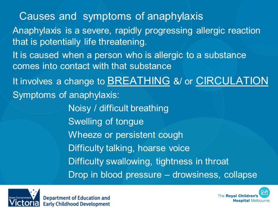 Causes and symptoms of anaphylaxis Anaphylaxis is a severe, rapidly progressing allergic reaction that is potentially life threatening.