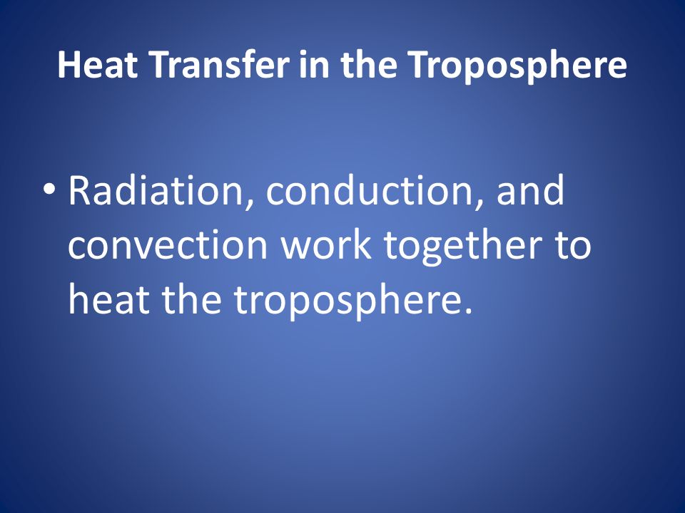 Heat Transfer in the Troposphere Radiation, conduction, and convection work together to heat the troposphere.