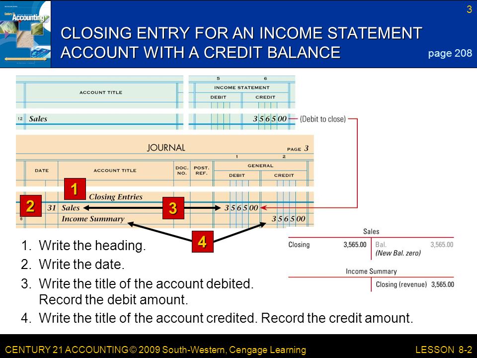 CENTURY 21 ACCOUNTING © 2009 South-Western, Cengage Learning 3 LESSON 8-2 CLOSING ENTRY FOR AN INCOME STATEMENT ACCOUNT WITH A CREDIT BALANCE page Write the heading.
