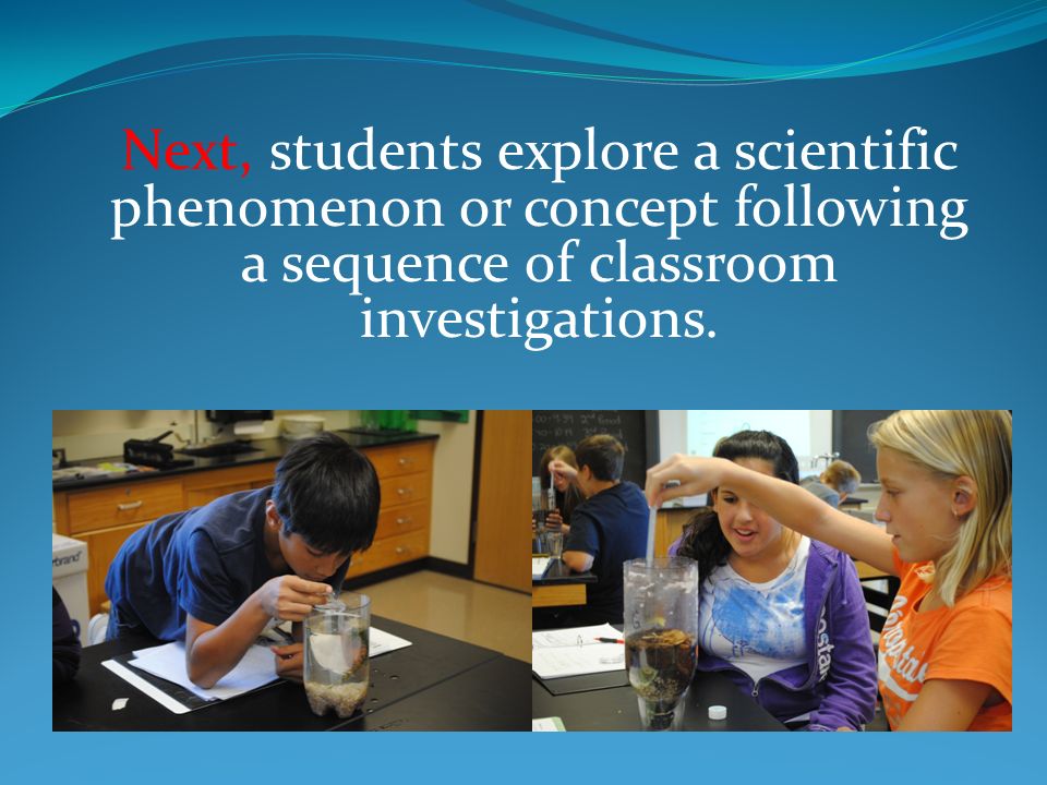 Next, students explore a scientific phenomenon or concept following a sequence of classroom investigations.