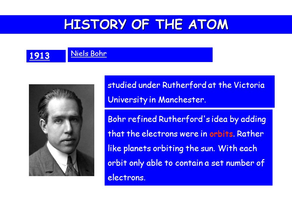 HISTORY OF THE ATOM 1913 Niels Bohr studied under Rutherford at the Victoria University in Manchester.