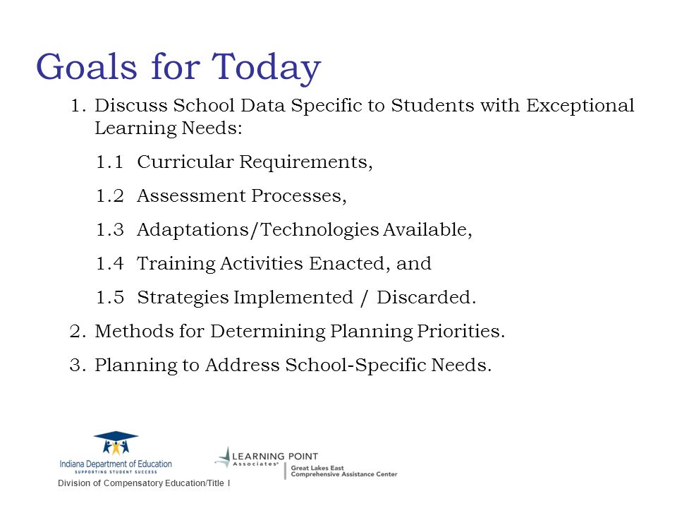 Division of Compensatory Education/Title I Goals for Today 1.Discuss School Data Specific to Students with Exceptional Learning Needs: 1.1Curricular Requirements, 1.2Assessment Processes, 1.3Adaptations/Technologies Available, 1.4Training Activities Enacted, and 1.5Strategies Implemented / Discarded.
